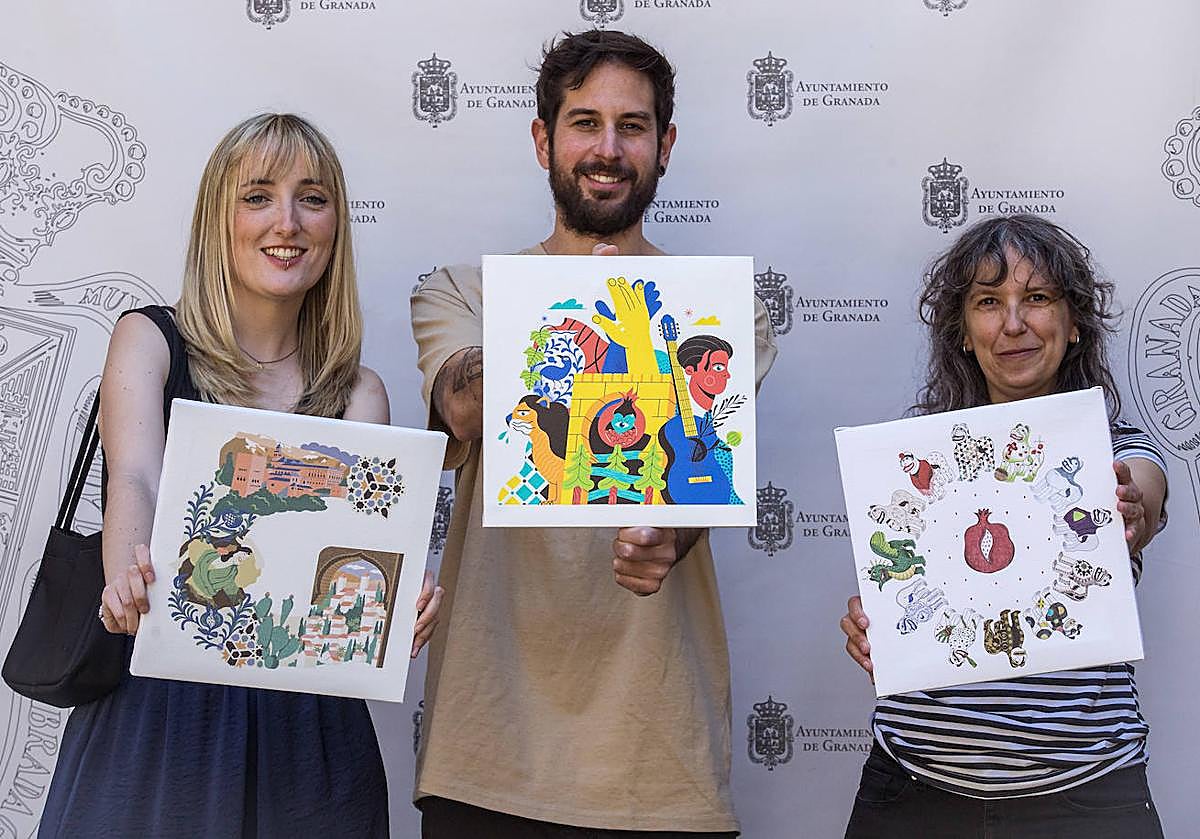 Pablo Valverde, ganador del concurso 'Granada tiene tela', junto a Laura Gil y Olalla Ruiz, las finalistas.