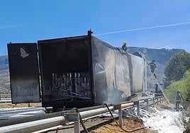 Camión en la A-44 tras haber sido sofocadas las llamas.