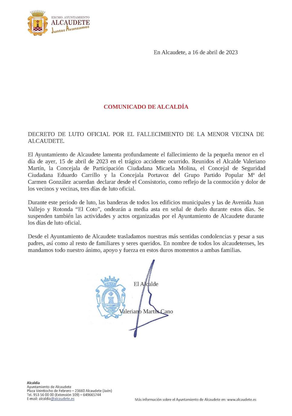 Comunicado oficial de Alcaldía.