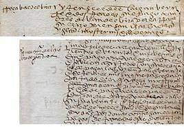 Arriba, en el arranque se lee 'bandelbira' y se repite en la línea central, y en texto de abajo, pagos por la portada de San Miguel.