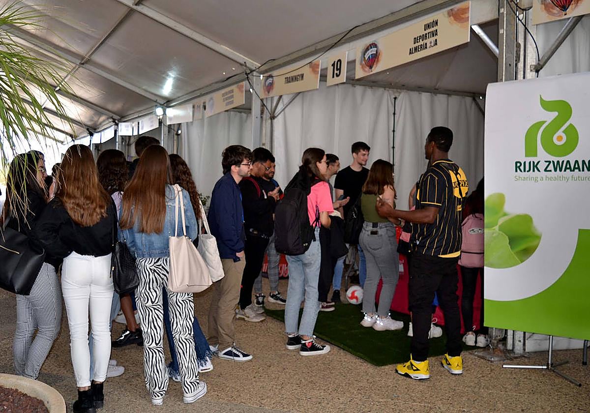 Alumnos visitan los stands habilitados por las empresas en la carpa situada en el pasillo central del Campus de la UAL.