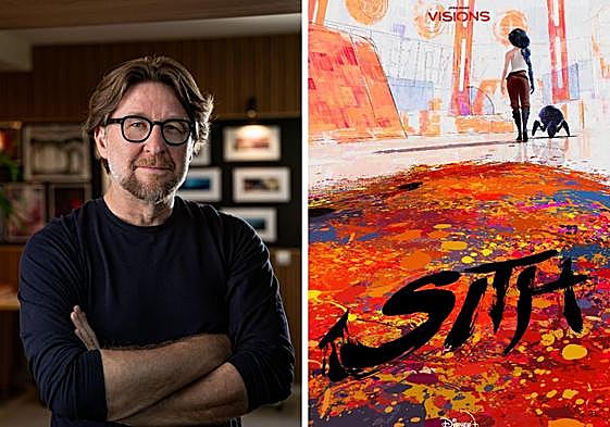 El granadino Rodrigo Blaas, en El Guiri Studios, junto al cartel de su corto, 'Sith', de la serie 'Visions' de Disney Plus.