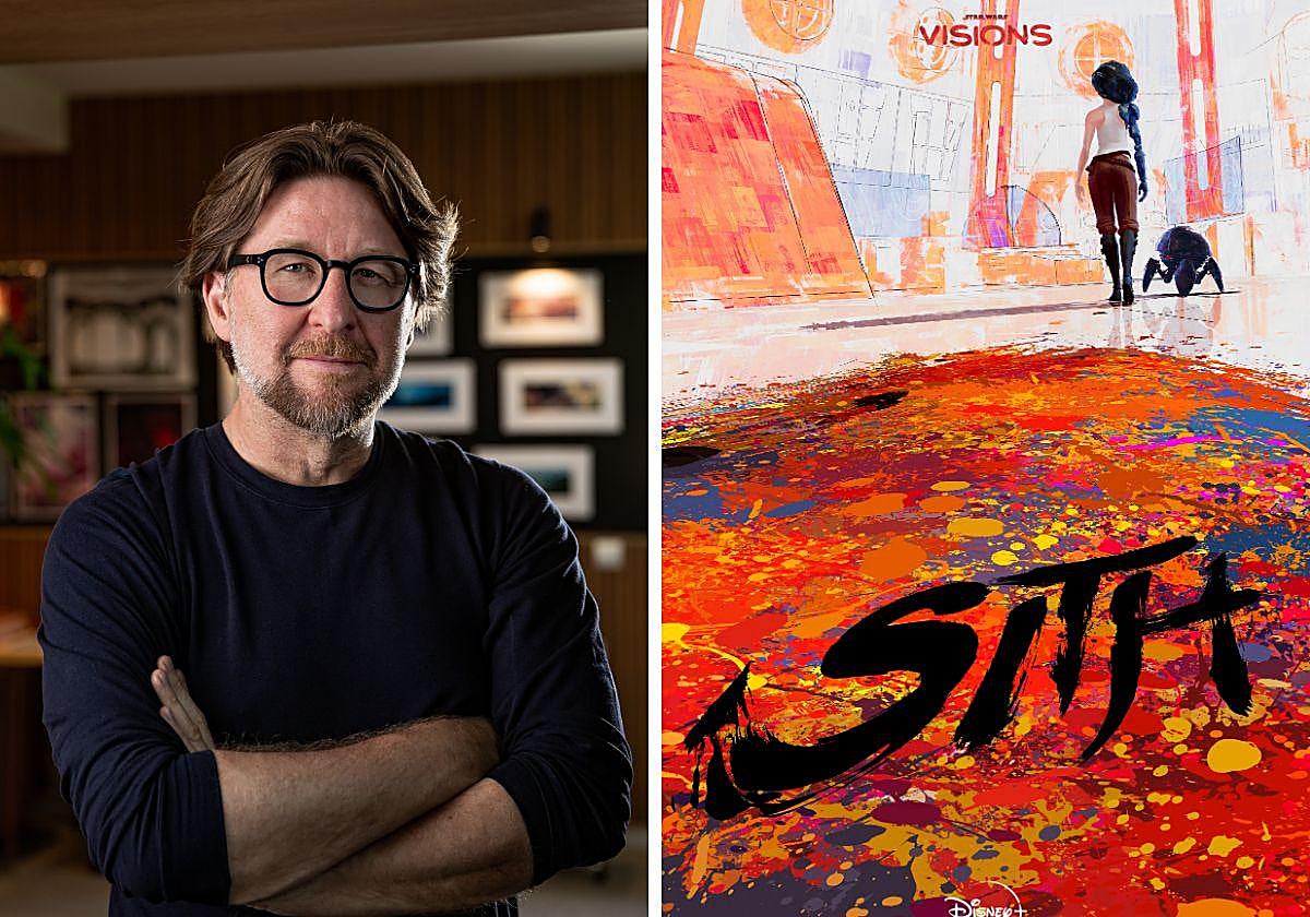 El granadino Rodrigo Blaas, en El Guiri Studios, junto al cartel de su corto, 'Sith', de la serie 'Visions' de Disney Plus.