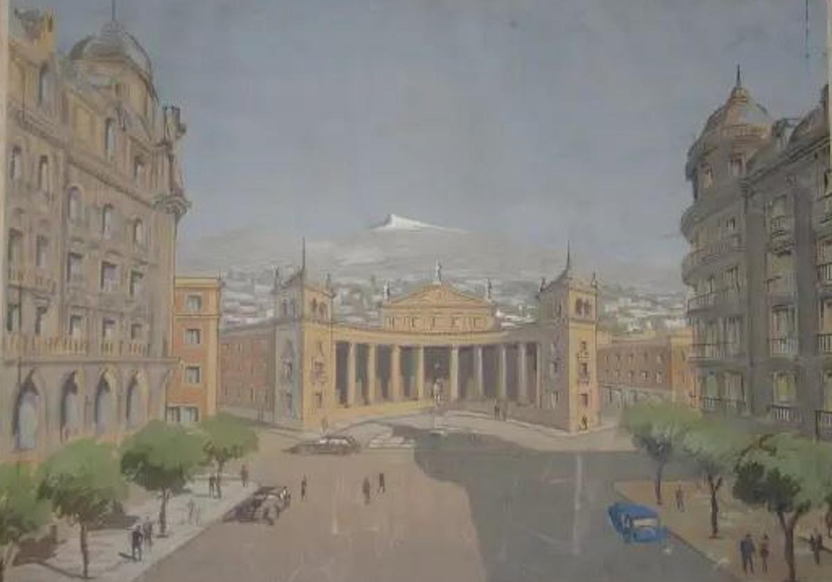 Dibujo a color del cerramiento de Gran Vía, Plaza Isabel la Católica. Miguel Olmedo Collantes, 1943.