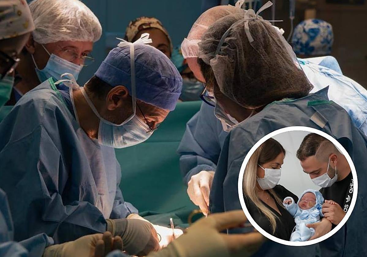 A la izquierda, Antonio Alcaraz (con el gorro azul) durante la operación. A la derecha, los padres junto a Jesús, el bebé.