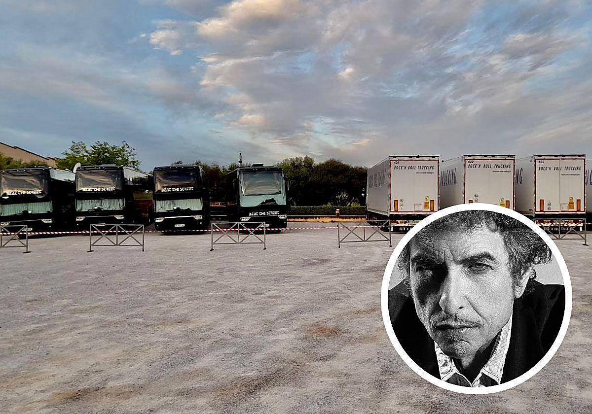 Camiones y autobuses de la gira de Bob Dylan, en Granada.