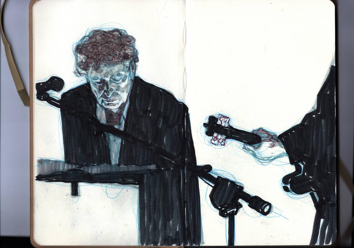 Retrato de Bob Dylan dibujado por el granadino Gabriel H. Walta, en la libreta que llevó al concierto.