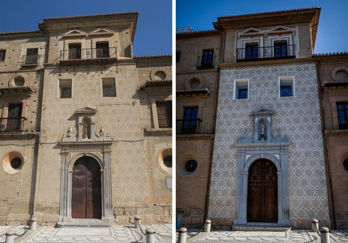 Comparación del antes y el ahora en la fachada de la iglesia.