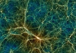 Simulación de la estructura a gran escala del universo, que muestra cúmulos densos de galaxias, filamentos, muros laminares y vacíos.