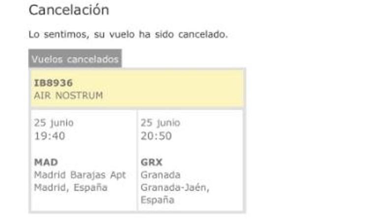 Correo electrónico enviado a pasajeros afectados por la cancelación de un vuelo en junio.