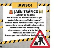 Aviso municipal sobre el comienzo de las obras en la Carretera de Granada.