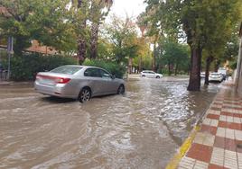 Calles anegadas de agua por las lluvias este domingo en la capital jienense.