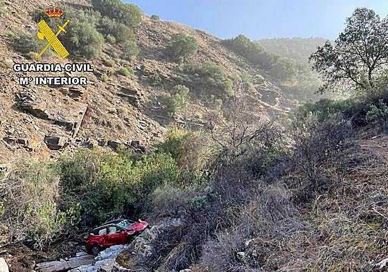 Estado del coche tras precipitarse por el barranco.