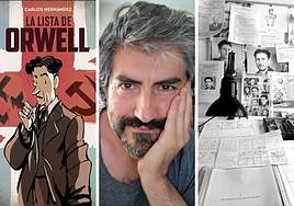 Carlos Hernández, con la portada de 'La lista de Orwell' y su estudio de trabajo.