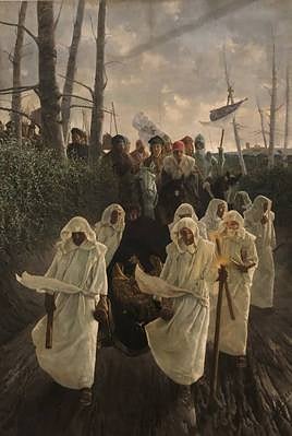 Óleo sobre lienzo de Salvador Viniegra, fechado en 1885, donde se recrea el cortejo fúnebre de Isabel la Católica entre Medina del Campo y Granada.