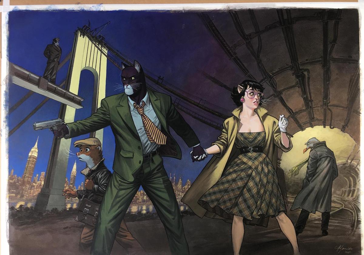 Ilustración de Blacksad con las portadas de las dos partes de 'Todo cae'.