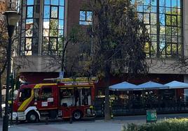 Bomberos frente al local incendiado.