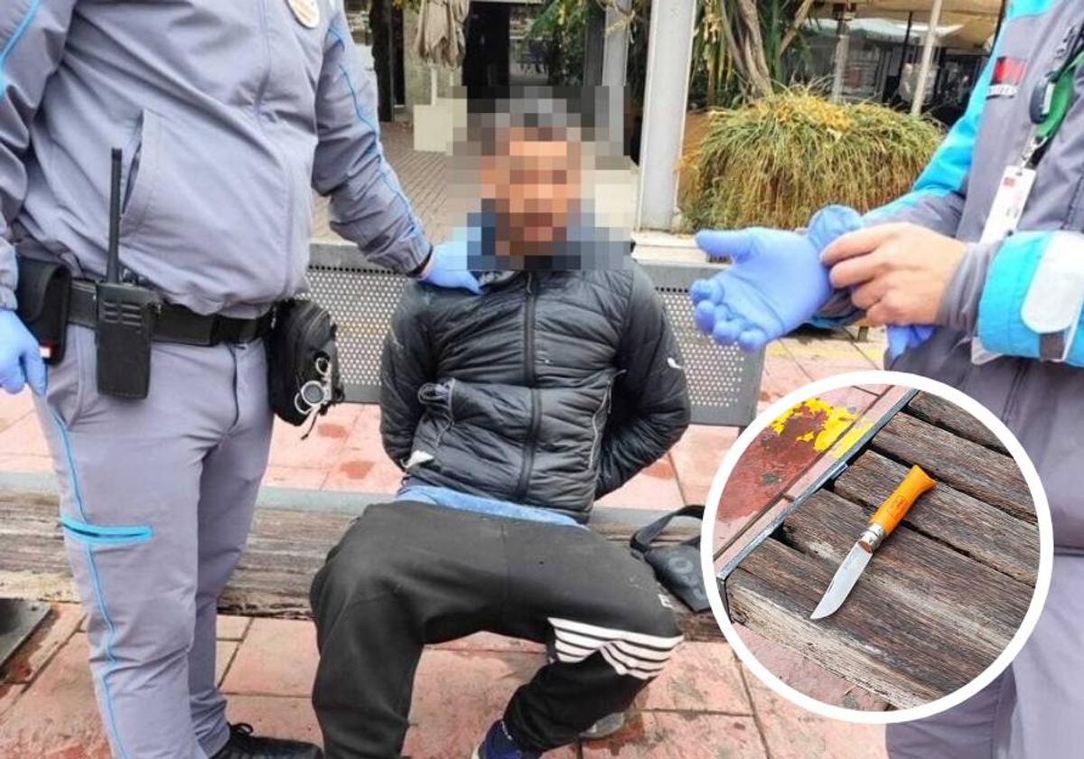 Imagen del hombre detenido este martes y del cuchillo que empuñaba.