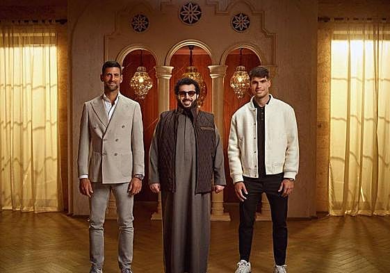 Turki Al-Sheikh (dueño de la UD Almería) entre Novak Djokovic y Carlos Alcaraz. Turki Al-Sheikh.
