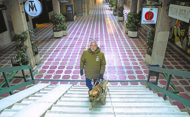 Pedro Márquez, instructor de la Fundación ONCE del Perro Guía, realiza un entrenamiento en escaleras junto a Wasa 