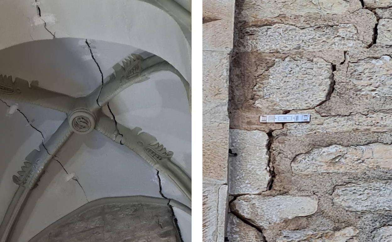 A la izquierda, grietas en la bóveda junto a la torre de La Magdalena, y a la derecha, en el exterior. 