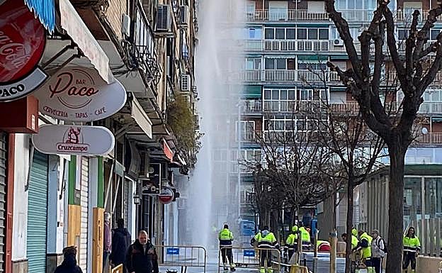Una boca de riego se dispara en la Glorieta de Arabial.