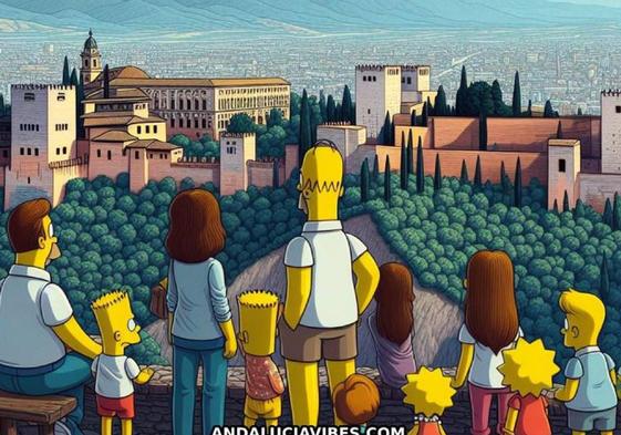 La familia Simpson observa la Alhambra desde el Mirador de San Nicolás.