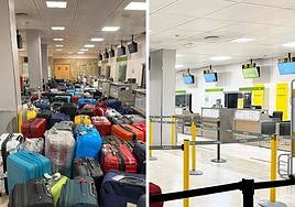 Las maletas que llegaron en un camión del aeropuerto de Málaga en la tarde del lunes y la zona despejada a primera hora de la mañana de este martes.