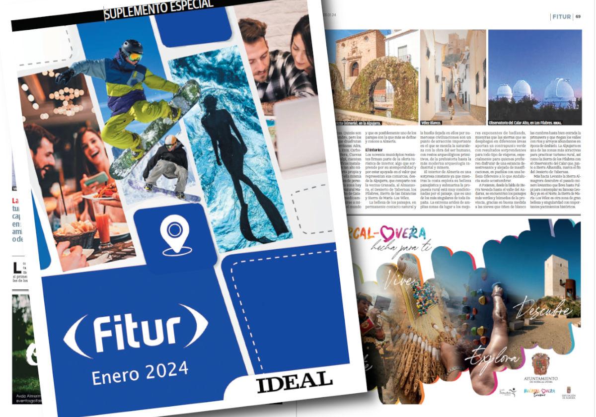 Detalle de la portada del suplemento de Fitur 2024, sobre un par de páginas con el contenido que se publica.