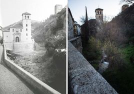A la izquierda, foto de San Pedro realizada por García Ayola en 1890 utilizada en el estudio; a la derecha imagen actual.