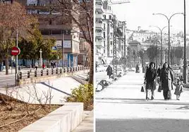 Raíles del tranvía y árboles talados, así estaba la Avenida de la Constitución de Granada hace cincuenta años, y así está ahora