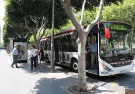 Pasajeros esperando a montarse en el autobús.