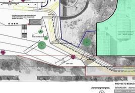En amarillo, acceso rodado al centro de salud (arriba) por el lateral del parque de la Alameda.