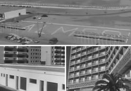 Arriba, el Areopuerto de Almería, recién inaugurado; abajo, a la izquierda, las 500 Viviendas en 1968 y, a la derecha, el flamante Gran Hotel Almería.