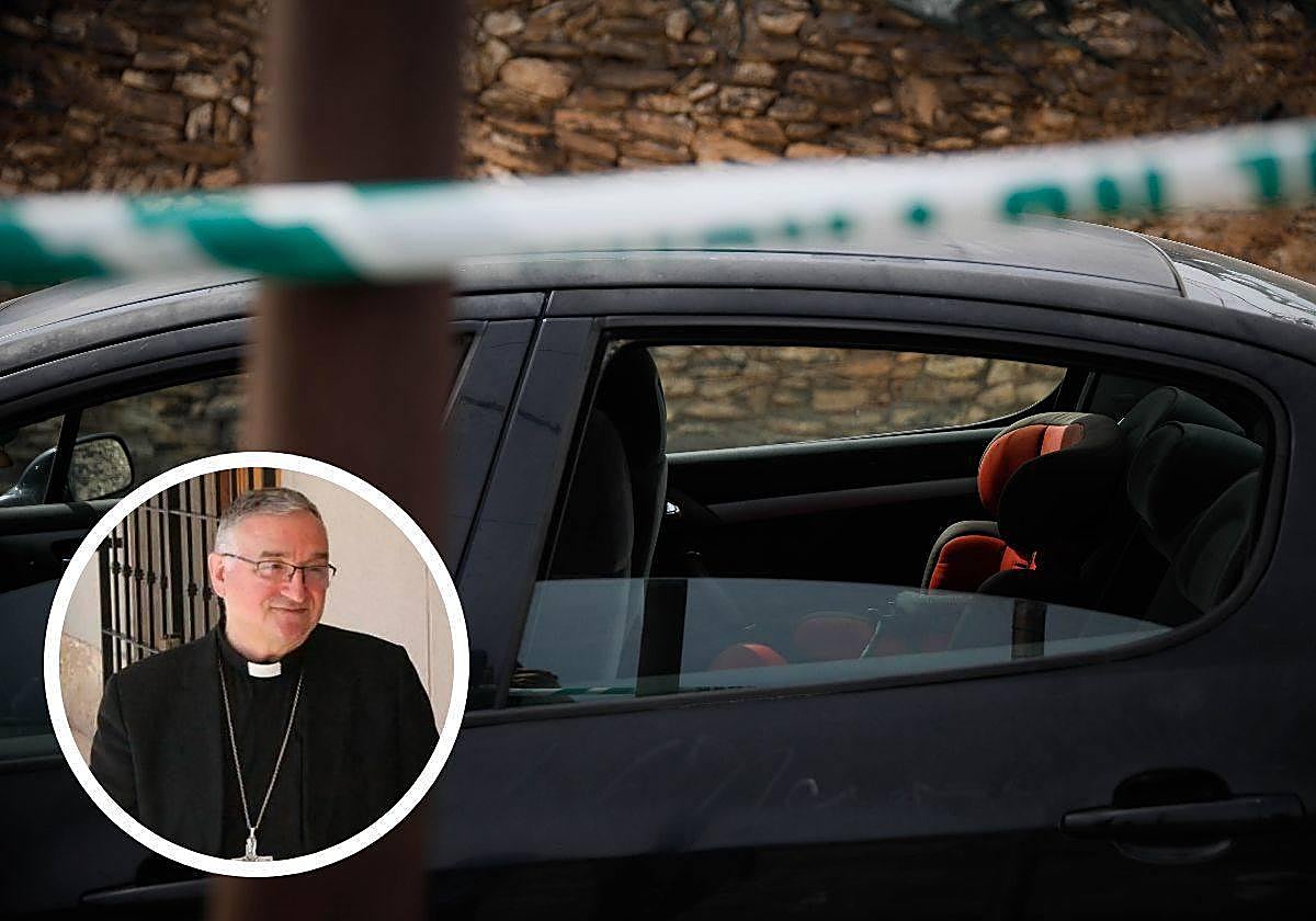 Vehículo del hombre, de origen rumano, que ha matado a sus dos hijas y luego se ha suicidado. Abajo, a la izquierda, el obispo Antonio G. Cantero.