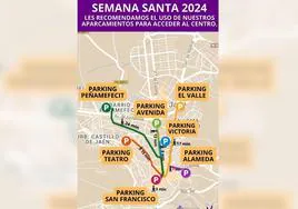 Mapa que ha editado el Ayuntamiento de Jaén con las distancias que hay a pie desde los aparcamientos públicos al centro.