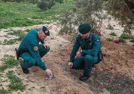 Dos agentes del Pacprona señalan una zona en la que descubrieron un pozo ilegal, ya sellado.