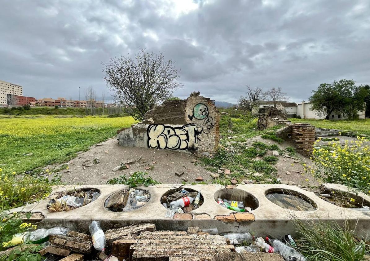 Imagen secundaria 1 - Botellas, plásticos y cristales acumulados en las ruinas donde jóvenes hacen botellón. 