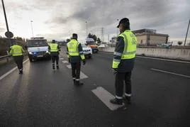 Agentes de la Guardia Civil regulan el tráfico tras un siniestro en Granada.