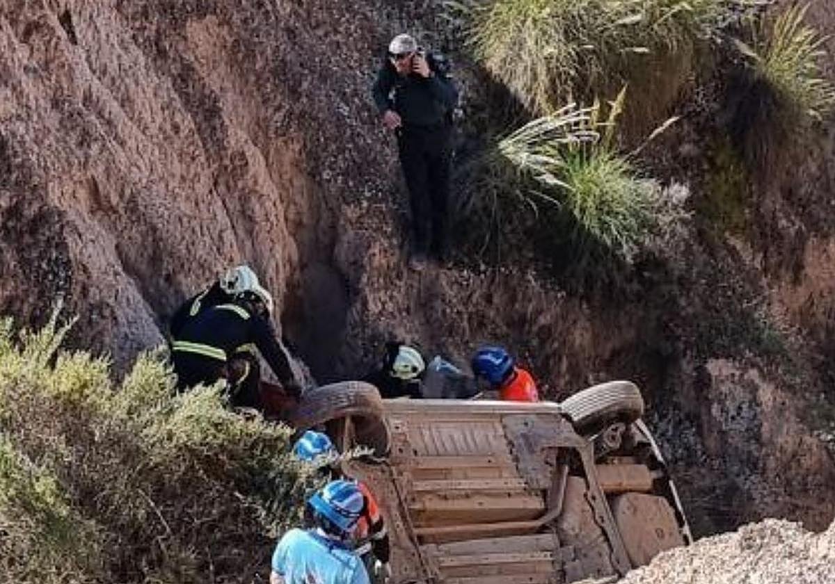 Los bomberos de la Diputación examinan el coche siniestrado.