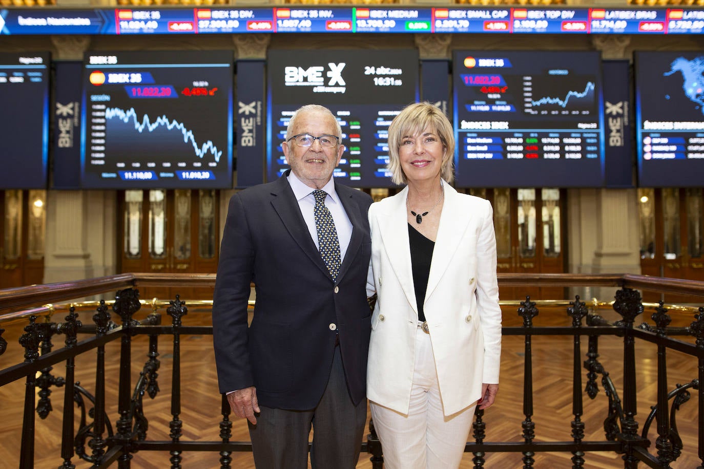 Dario Acuña y Germaine Escames en el evento de presentación de Pharmamel en la Bolsa de Madrid.