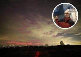 Gilles Berngond, astrofísico de Calar Alto. Abajo, una foto del Observatorio en la noche de ayer con la aurora boreal coloreando el cielo de rojo.