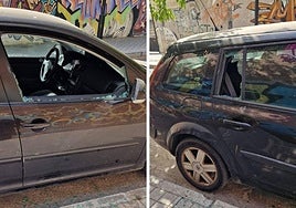 Vehículos con ventanillas rotas en la calle Adoratrices, en la Chana.
