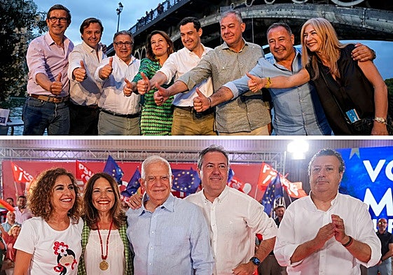 Moreno, junto a los candidatos Juan Ignacio Zoido y Carmen Crespo y otros dirigentes. Abajo, María Jesús Montero, Lina Gálvez, Josep Borrell, Juan Espadas y Javier Fernández.