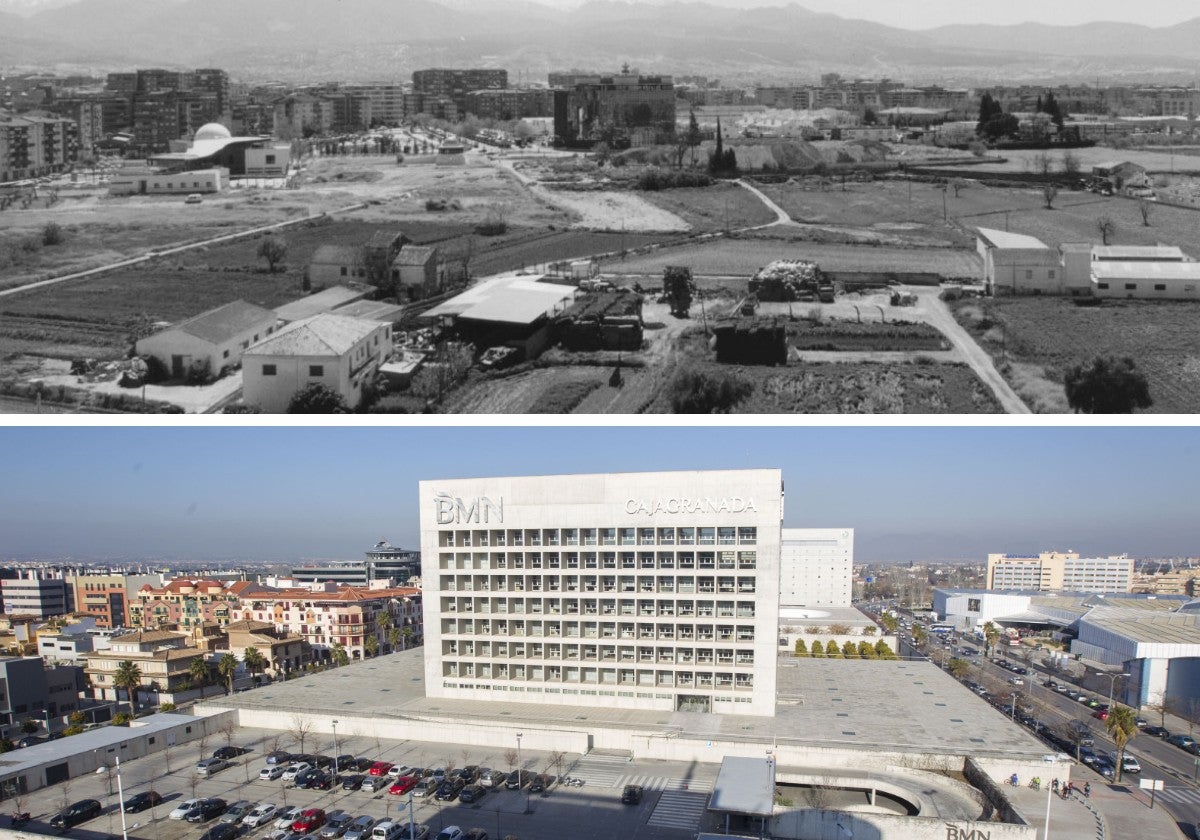 Terrenos en 1996, con una vaquería y solares vacíos, y el actual panorama con el Cubo y el Museo Memoria de Andalucía