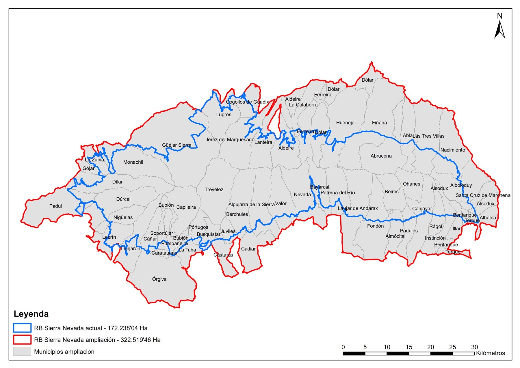 Mapa de la Reserva de la Biosfera Sierra Nevada, con su superficie actual y la propuesta de ampliación,