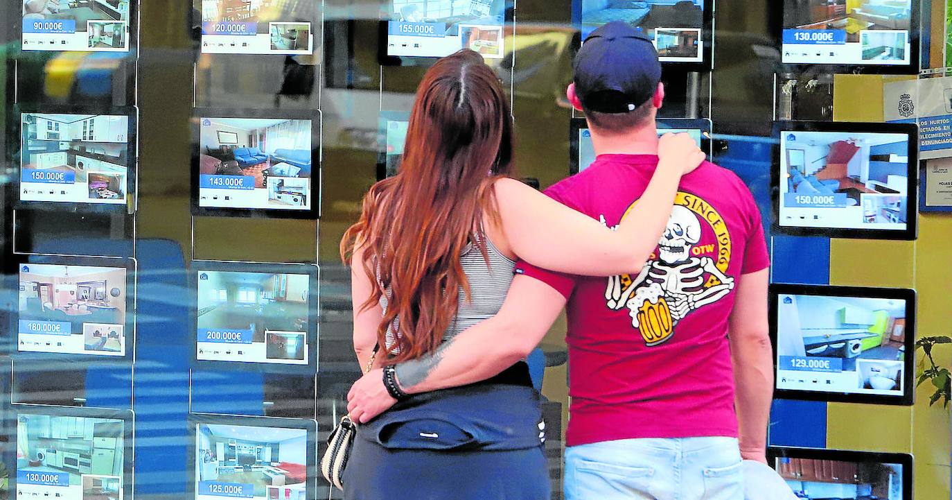 Jóvenes mirando el escaparate de una agencis inmobiliaria.