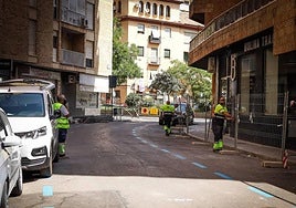 Operarios colocan vallas en la calle Las Flores este lunes.