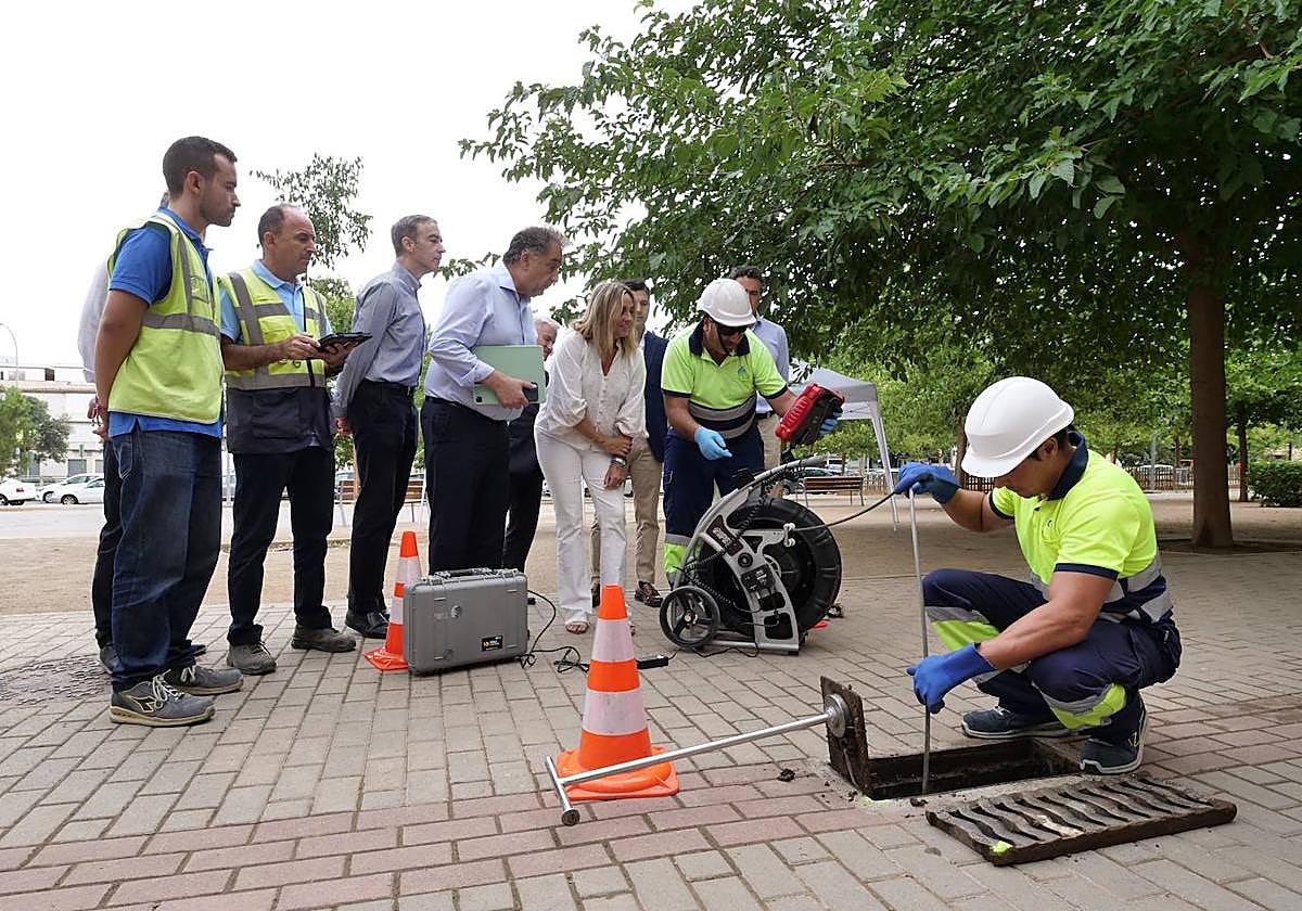 Un operario limpia uno de los imbornales en una plaza del barrio de Zaidín Campus.