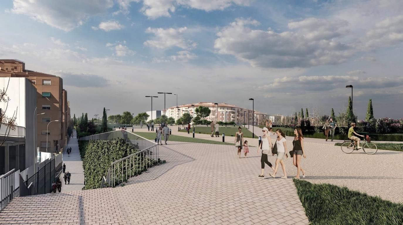 Otro punto de vista de Jesse Owens, con una pasarela, a la izquierda, que salva el desnivel junto al estadio de la Juventud hacia Camino de Ronda.